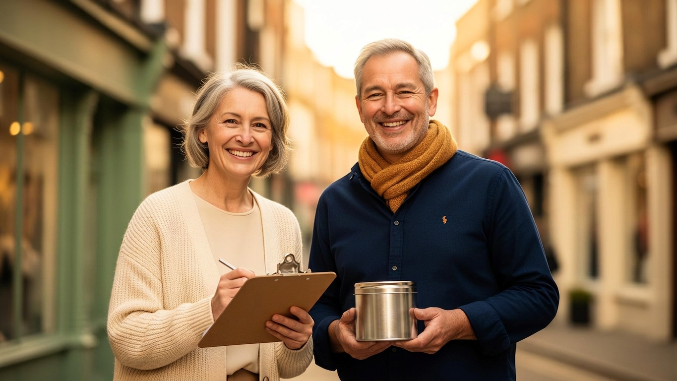 Smiling UK charity fundraising volunteers with a collection bucket and clipboard on a British high street